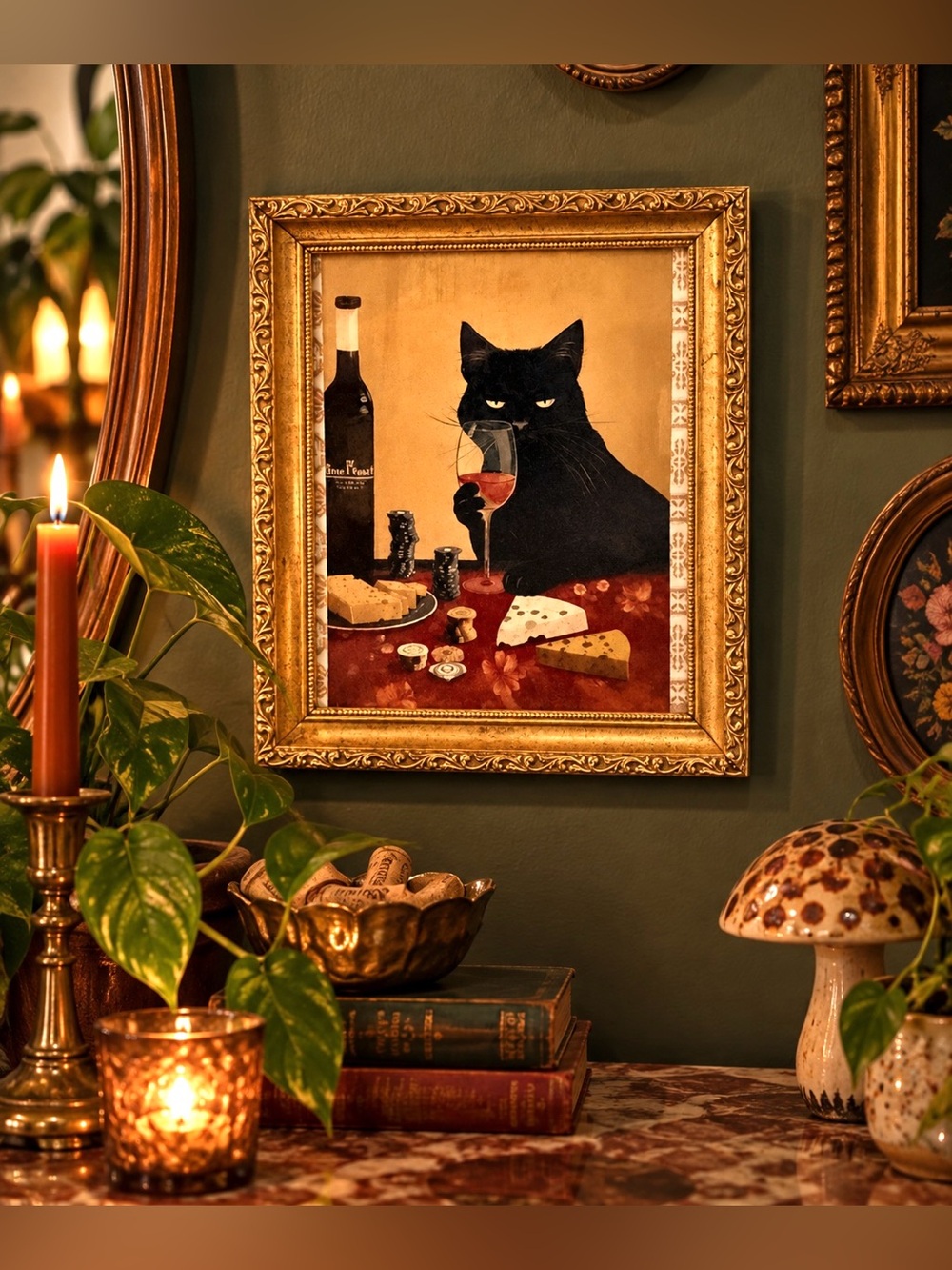 Black Cat Wine & Cheese Poker Night Canvas Art Print Ornate Gold Framed Wall Art